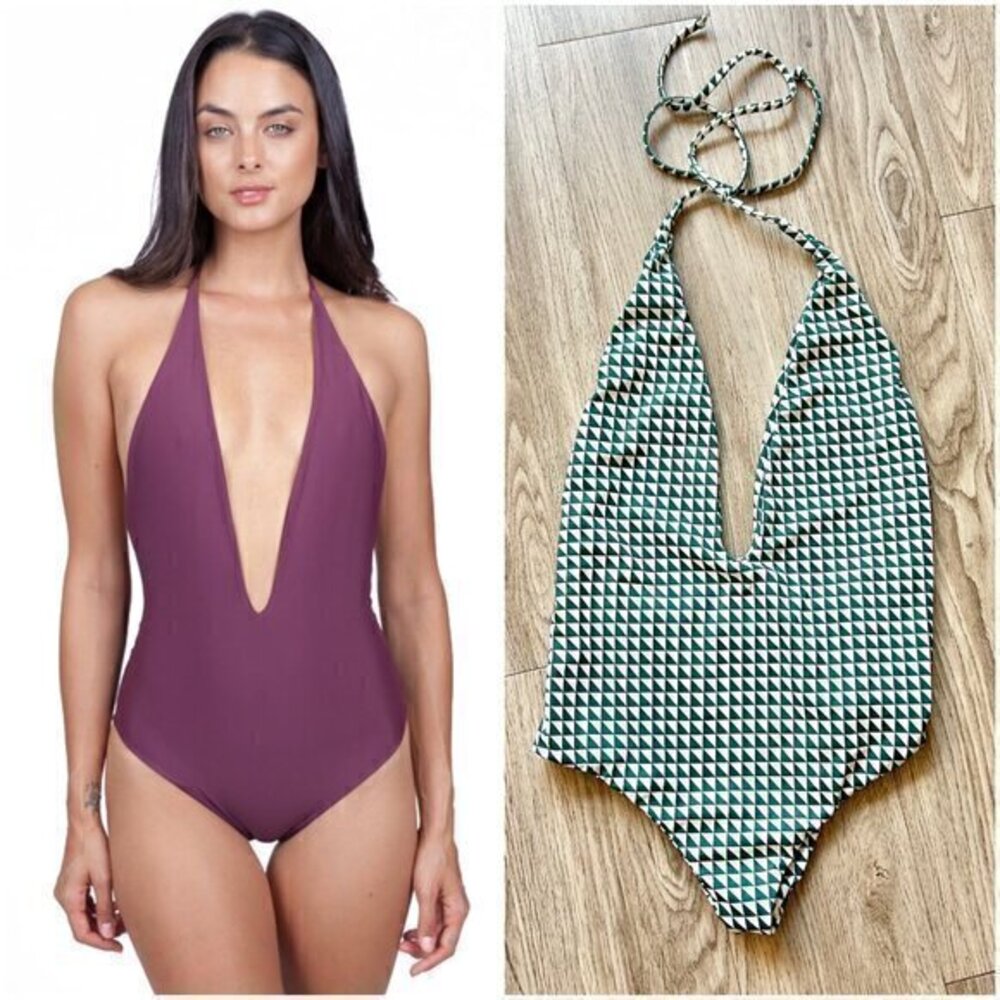 MIKOH Hinano Plunge Neck One Piece Swimsuit in Green White Triangles Size S